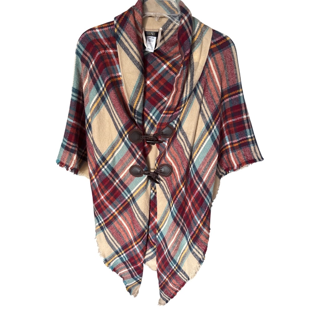 Women's Mixit tartan plaid toggle closure blanket poncho OS‎ soft lightweight